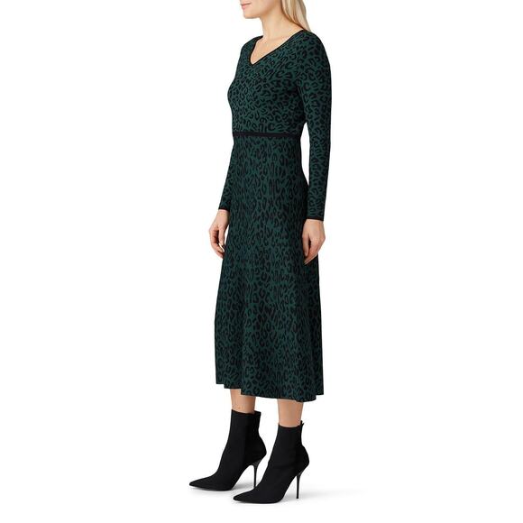 GREAT JONES Forest Green Leopard Jacquard Knit V-Neckline Hourglass Dress sz XS - Picture 11 of 15